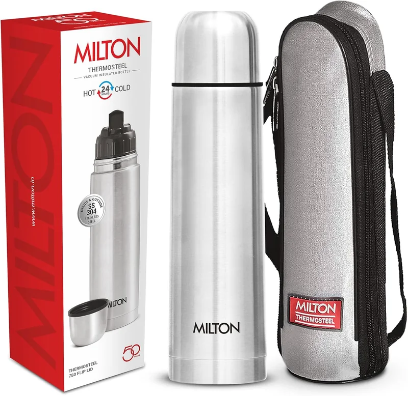Milton Milton Flip Lid 750 Thermosteel 24 Hours Hot and Cold Water Bottle with Bag, 1 Piece, 750 ml, Silver | Leak Proof | Office Bottle | Gym Bottle | Home | Kitchen | Hiking | Trekking | Travel Bottle