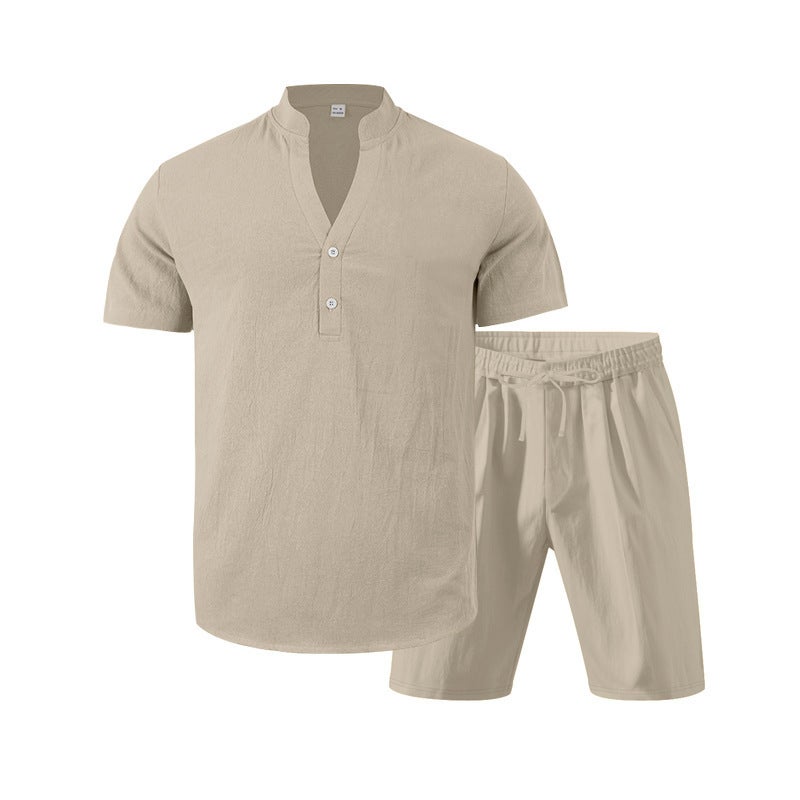 Men's Linen Short Sleeve Henley Shirt and Shorts Two-Piece Set Casual Summer Tracksuit - Image 3