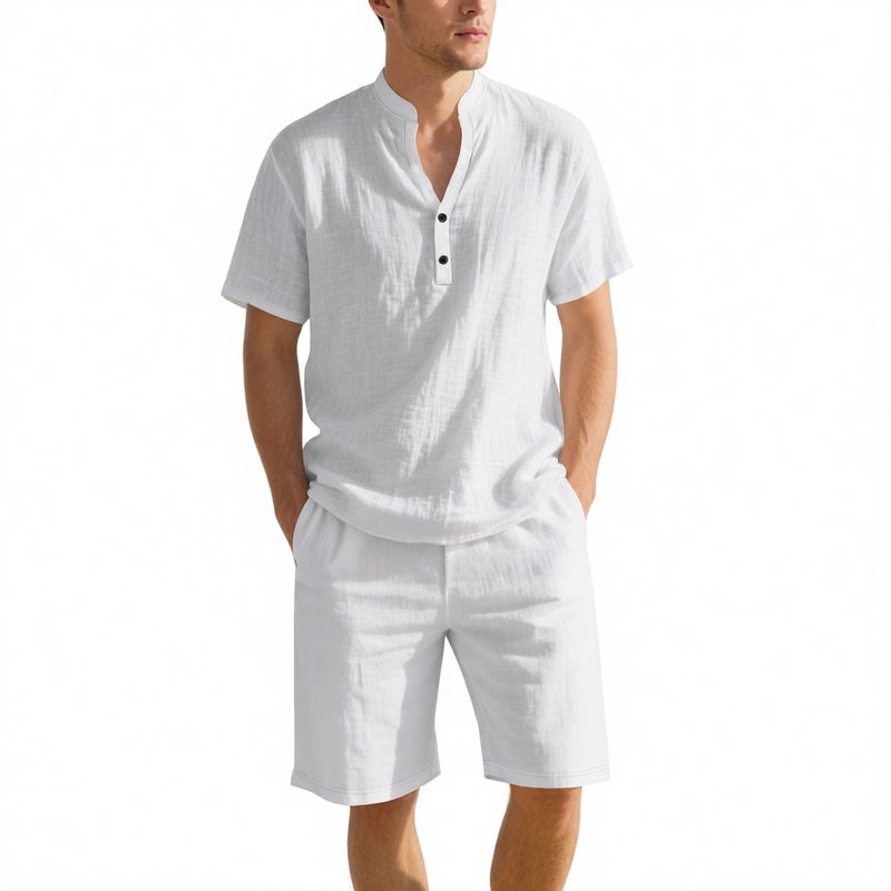 Men's Linen Short Sleeve Henley Shirt and Shorts Two-Piece Set Casual Summer Tracksuit - Image 1