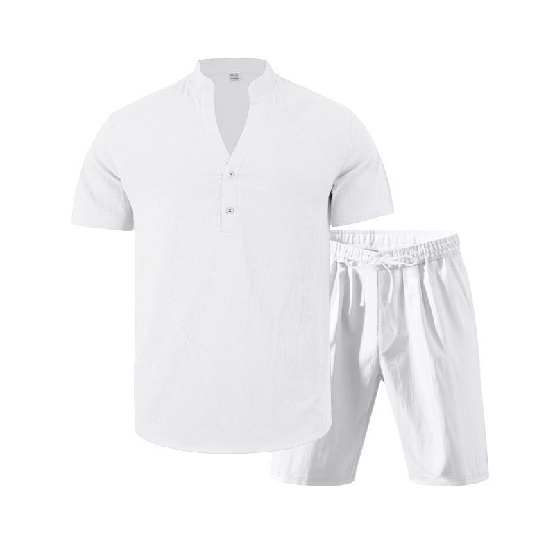 Men's Linen Short Sleeve Henley Shirt and Shorts Two-Piece Set Casual Summer Tracksuit - Image 2