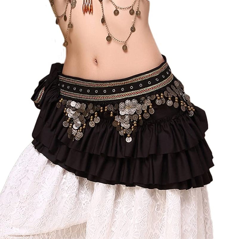 BOEYAA Belly Dance Waist Chain Coin Hip Scarf Dance Skirt Ethnic Performance Costume (Black) - Image 1