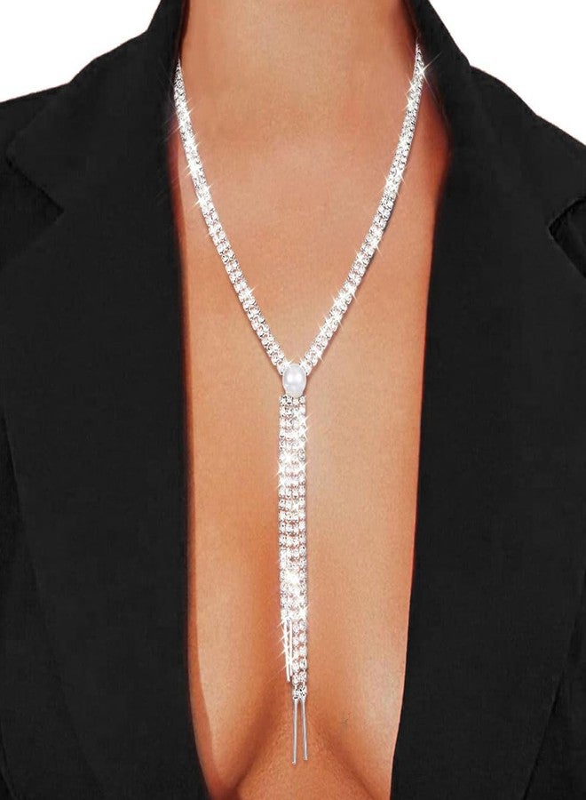 Zoestar Long Necklace Silver Rhinestone diamond Necklaces for Women Dressy - Image 3