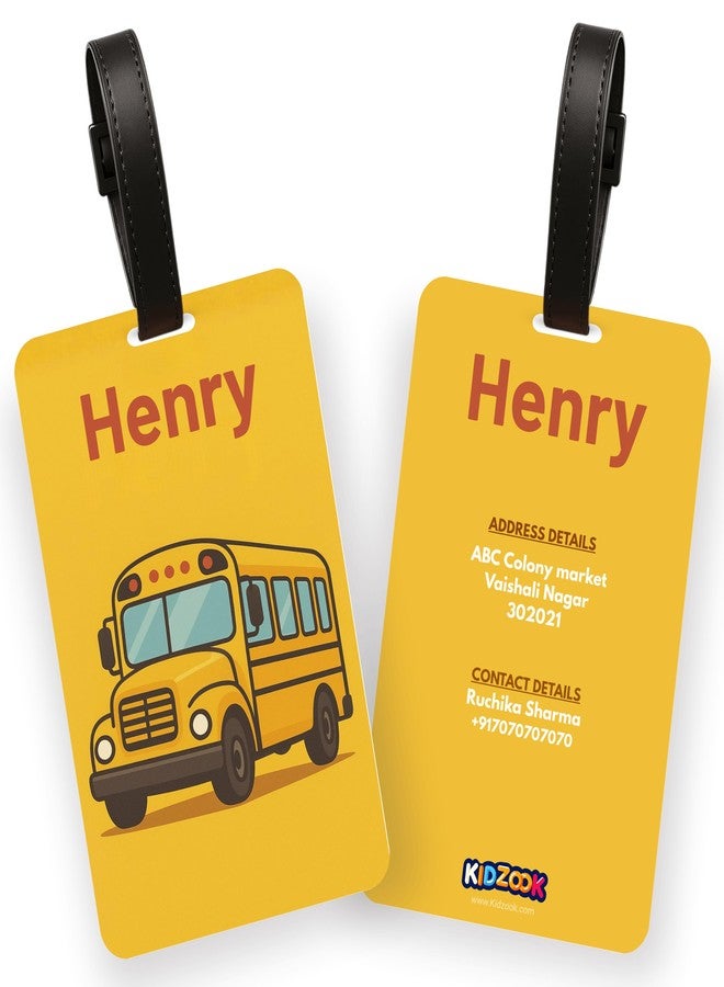 Kidzook Personalized Name Bag Tag | Custom Luggage Tag for Kids & Adults - PVC Luggage Tag for Travel, School, Office, Camping | School Bus Theme Design with Silicone Strap (Pack of 1) - Image 1