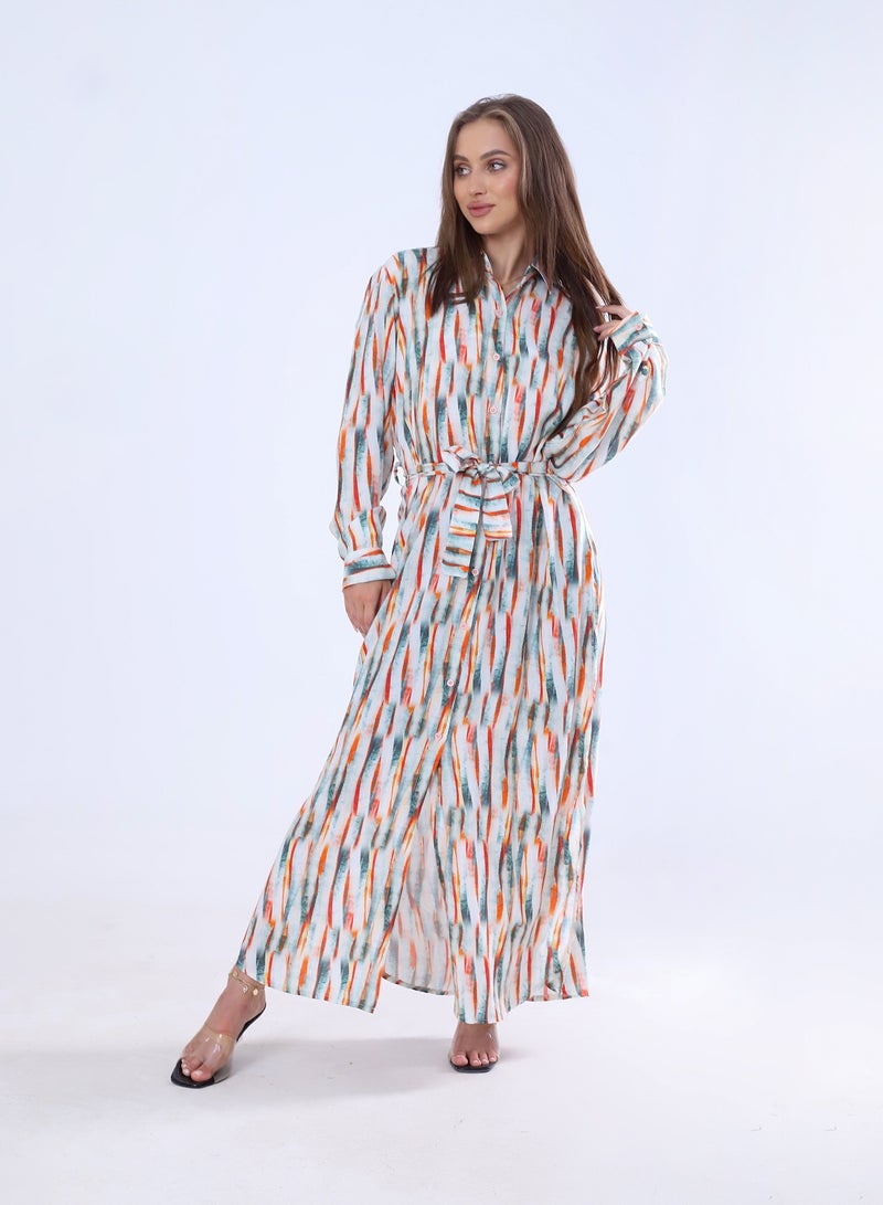 BEBO Women's long sleeve dress with belt_Petroleum & Orange - Image 4