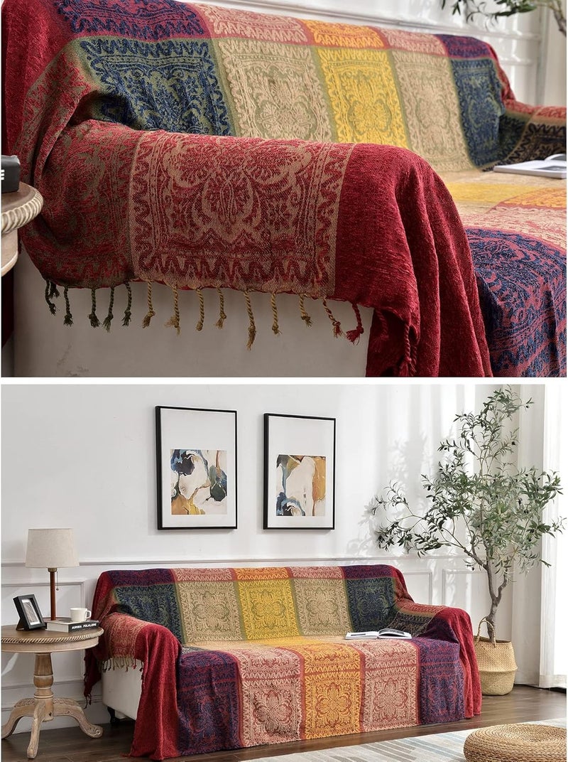 Edcooy Throws for Sofas large, Chenille Jacquard Tassels Throw Blankets for Bed Settees Chair Slipcover Cover 2 3 Seater， Bohemian Fringe Tassels, (Red, Large220x260cm)… - Image 5