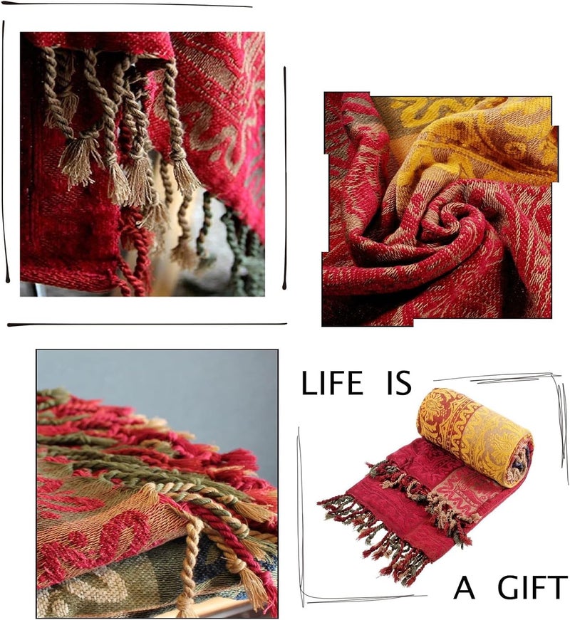 Edcooy Throws for Sofas large, Chenille Jacquard Tassels Throw Blankets for Bed Settees Chair Slipcover Cover 2 3 Seater， Bohemian Fringe Tassels, (Red, Large220x260cm)… - Image 4
