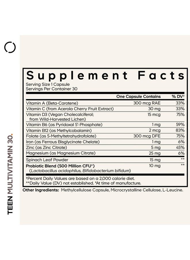 Codeage Codeage Teen Multivitamin - Vitamins A, C, D3, B6, B12, Folate, Zinc, Magnesium, Iron, Probiotics, Fermented Spinach - Multivitamins for Teenage Boys and Girls - Non-GMO, Gluten-Free - 30 Capsules  - Image 2