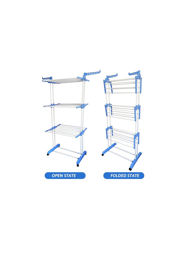 Other Manufacturer ETROON 3 Layer Clothes Drying Rack, Adjustable Stainless Steel Hanger With Folding Wings For Indoor And Outdoor, Blue, Collapsible Garment Laundry Rack and Casters  - Image 3