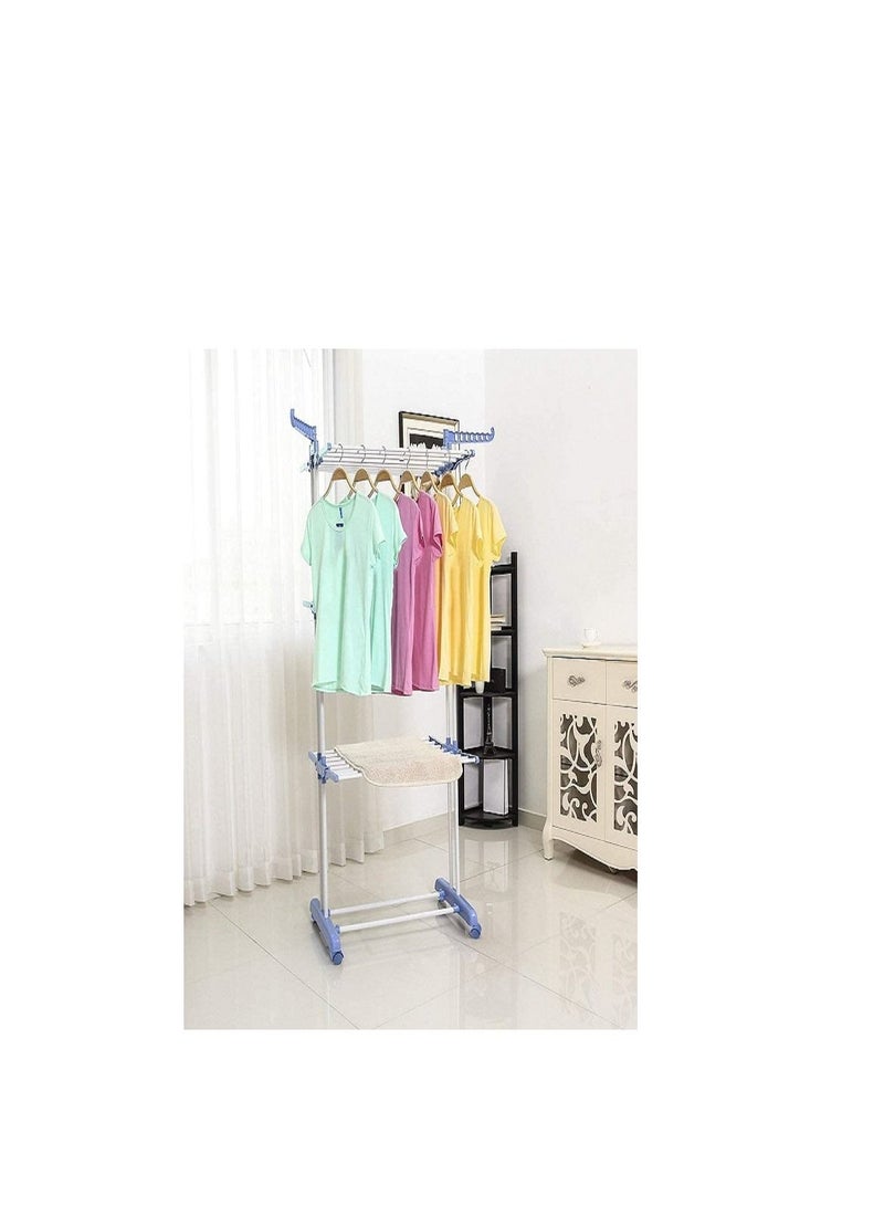 Other Manufacturer ETROON 3 Layer Clothes Drying Rack, Adjustable Stainless Steel Hanger With Folding Wings For Indoor And Outdoor, Blue, Collapsible Garment Laundry Rack and Casters  - Image 1