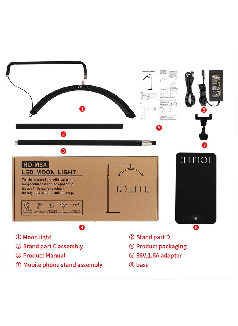 Eyelash LED Floor Light, Half Moon Lamp for Lash Extension, Lighting for Beauty, Skincare, Lashes, Eyebrows, Filming Content Creation, with Adjustable Brightness & Height, Black