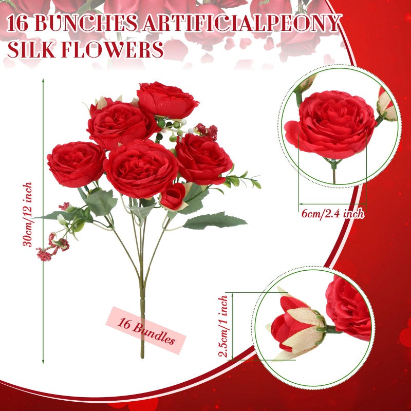 Geosar 16 Bundles Artificial Peonies Flowers Fake Silk Peony Bouquet Faux Peonies Flowers Bulk for Decoration Vase Floral Arrangements Wedding Party Table (Bright Red) - Image 2