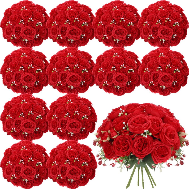 Geosar 16 Bundles Artificial Peonies Flowers Fake Silk Peony Bouquet Faux Peonies Flowers Bulk for Decoration Vase Floral Arrangements Wedding Party Table (Bright Red) - Image 1