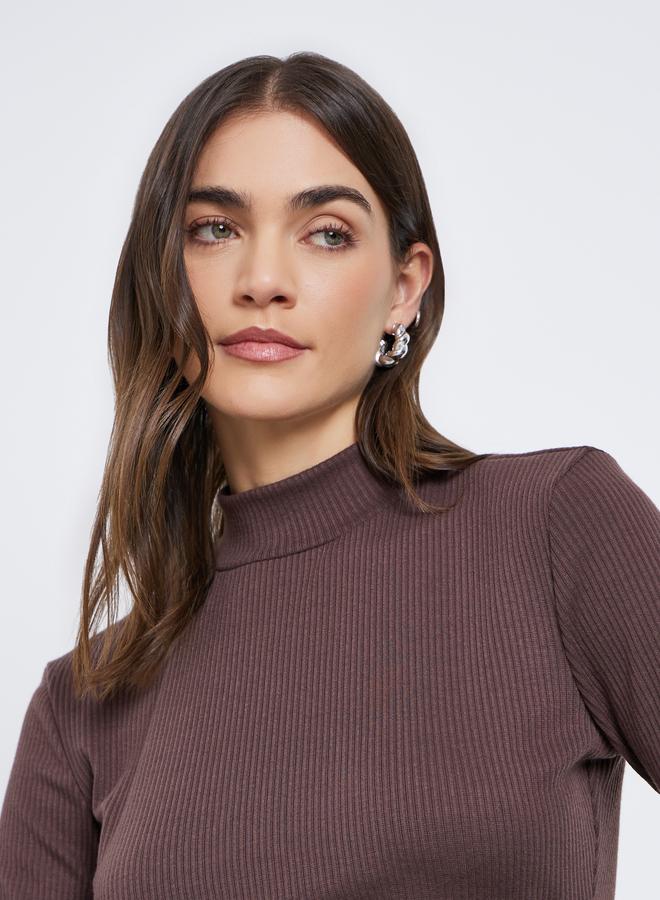 Styli Brown Ribbed Knit Flared Sleeve Top - Image 3