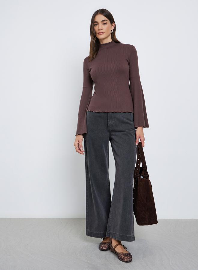 Styli Brown Ribbed Knit Flared Sleeve Top - Image 2