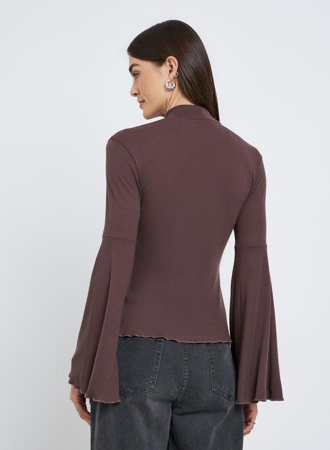 Styli Brown Ribbed Knit Flared Sleeve Top - Image 5