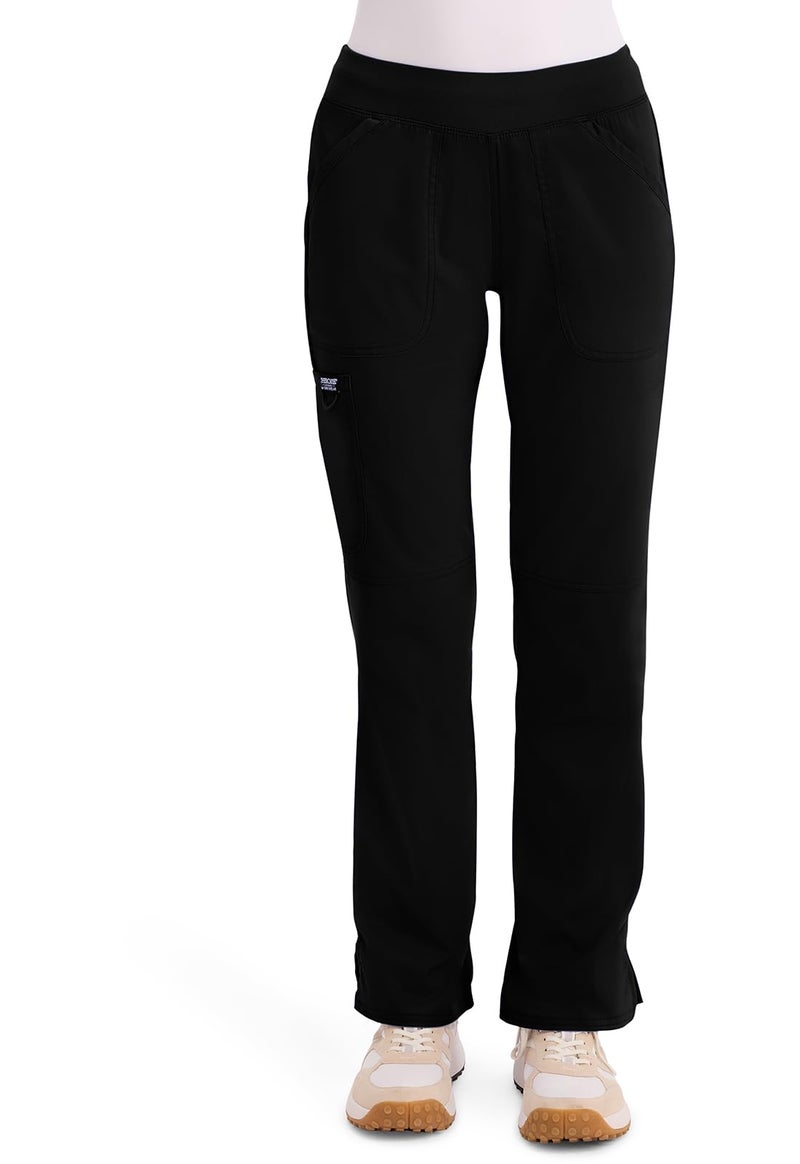 Cherokee Women's Mid Rise Straight Leg Pull-on Pant, X-Small Petite, Black - Image 1
