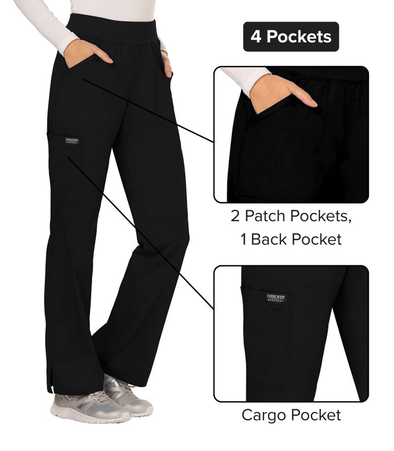 Cherokee Women's Mid Rise Straight Leg Pull-on Pant, X-Small Petite, Black - Image 4