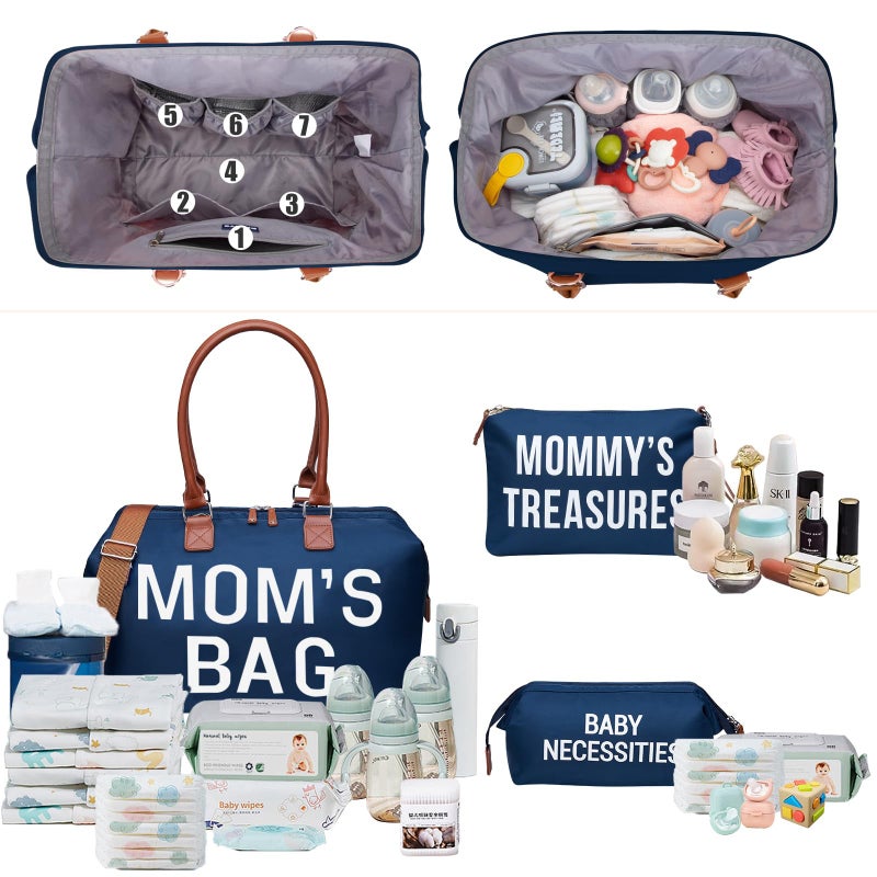 printe Mommy Diaper Bag Tote for Boys with 2 Organizer Pouches, Large Capacity Mom's Bag for Hospital and Weekender Travel, Functional Baby Diaper Bags, Navy - Image 2
