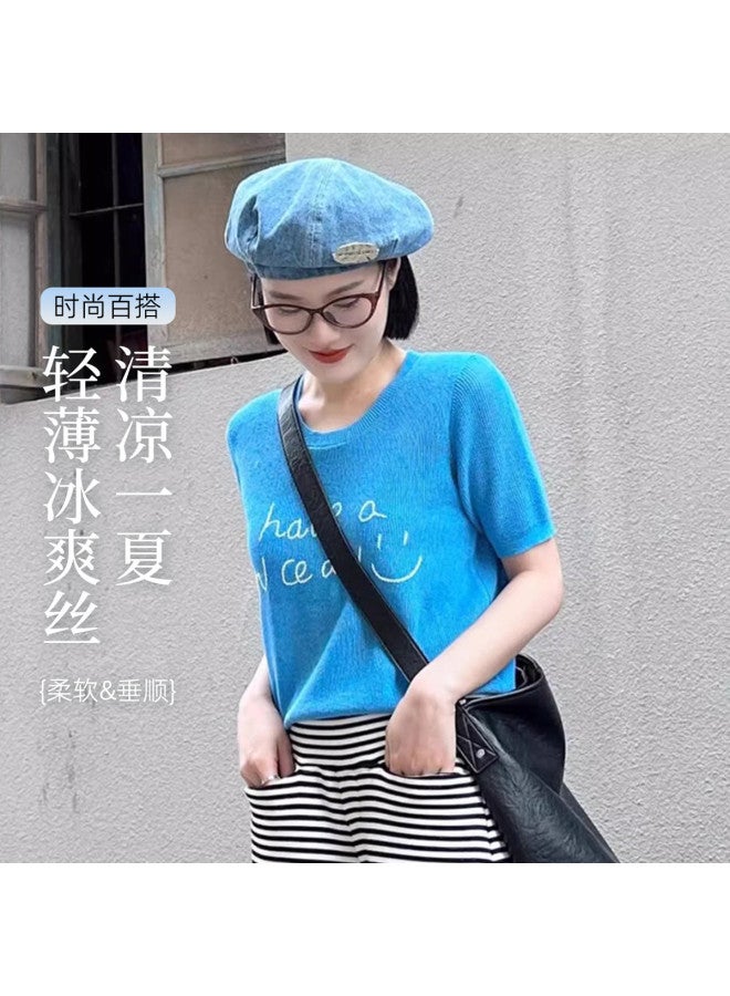 Modal Klein Blue Knitted Short Sleeve Top For Women, Summer Youthful Regular Shoulder Ladies' Shirt - Image 2