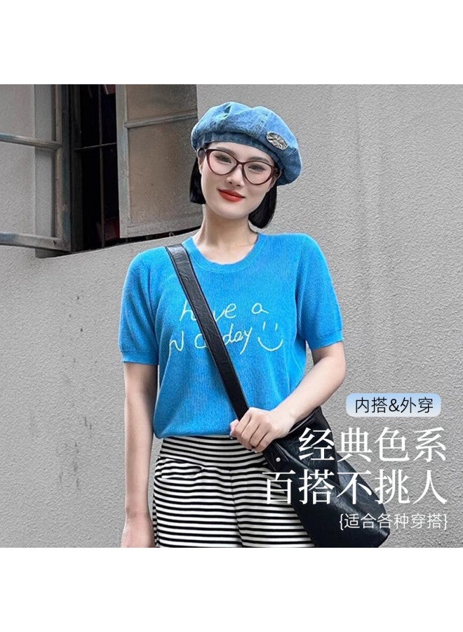 Modal Klein Blue Knitted Short Sleeve Top For Women, Summer Youthful Regular Shoulder Ladies' Shirt - Image 3
