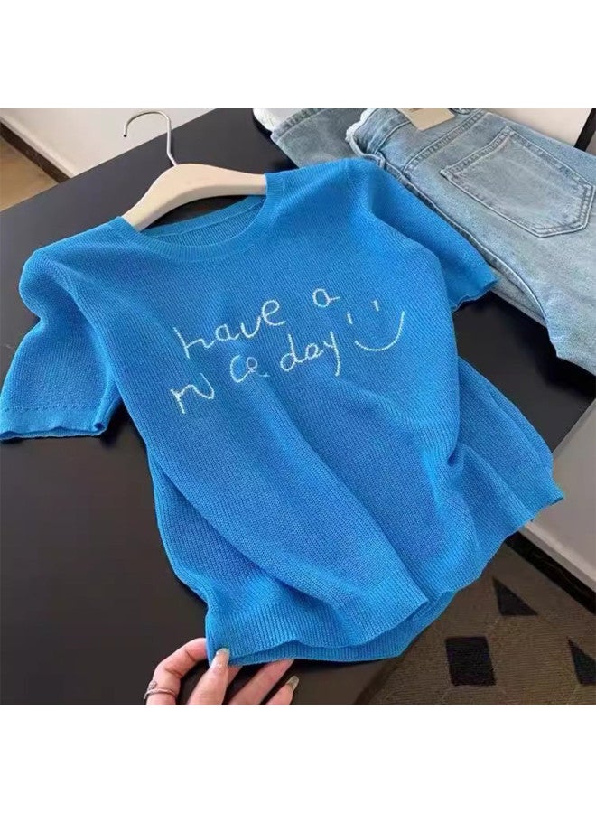 Modal Klein Blue Knitted Short Sleeve Top For Women, Summer Youthful Regular Shoulder Ladies' Shirt - Image 4