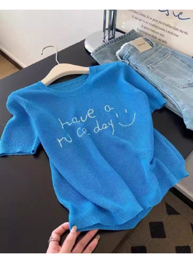 Modal Klein Blue Knitted Short Sleeve Top For Women, Summer Youthful Regular Shoulder Ladies' Shirt - Image 1