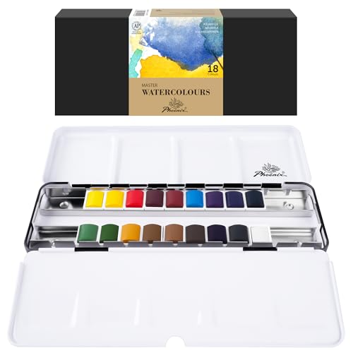 PHOENIX Professional Watercolor Paint Set - 18 Colors Half Pan Water Color Paint Palette with Tin Box, Portable Travel Watercolors for Adults, Artists - Image 1