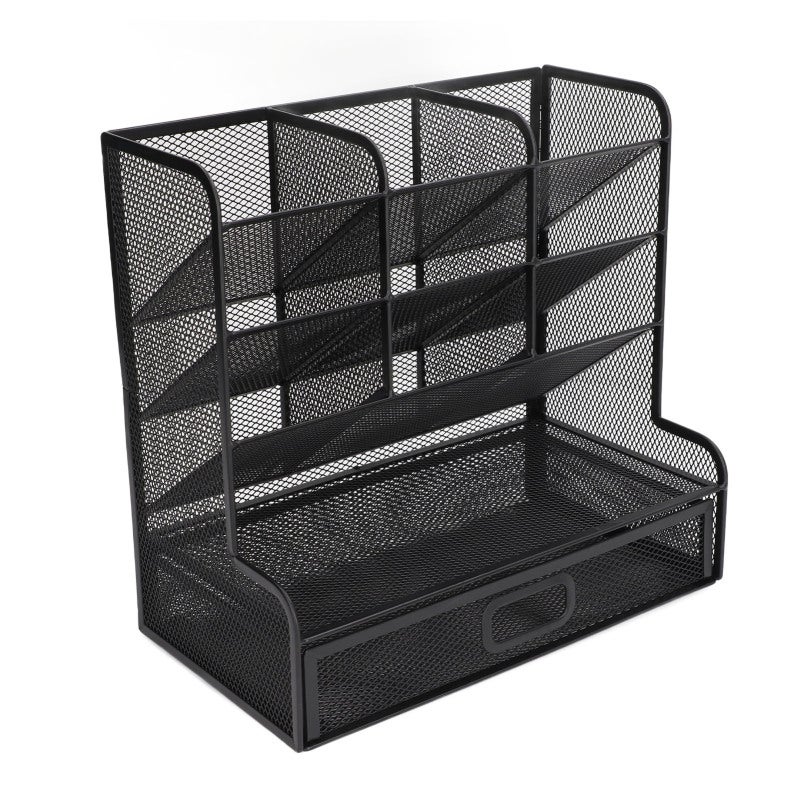 Mesh Pen Organizer: 45° Tilt Design 10 Compartments Metal Mesh - Vertical Structure Bottom Drawer Mesh Pencil Holder for Office Art School Desktop Organization - Image 3