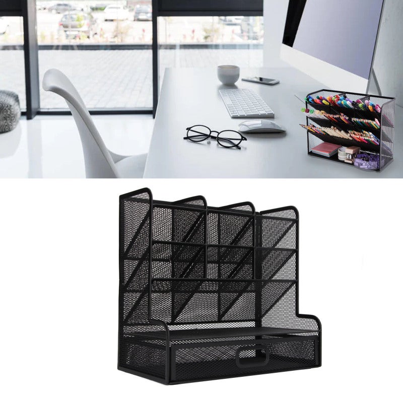Mesh Pen Organizer: 45° Tilt Design 10 Compartments Metal Mesh - Vertical Structure Bottom Drawer Mesh Pencil Holder for Office Art School Desktop Organization - Image 2