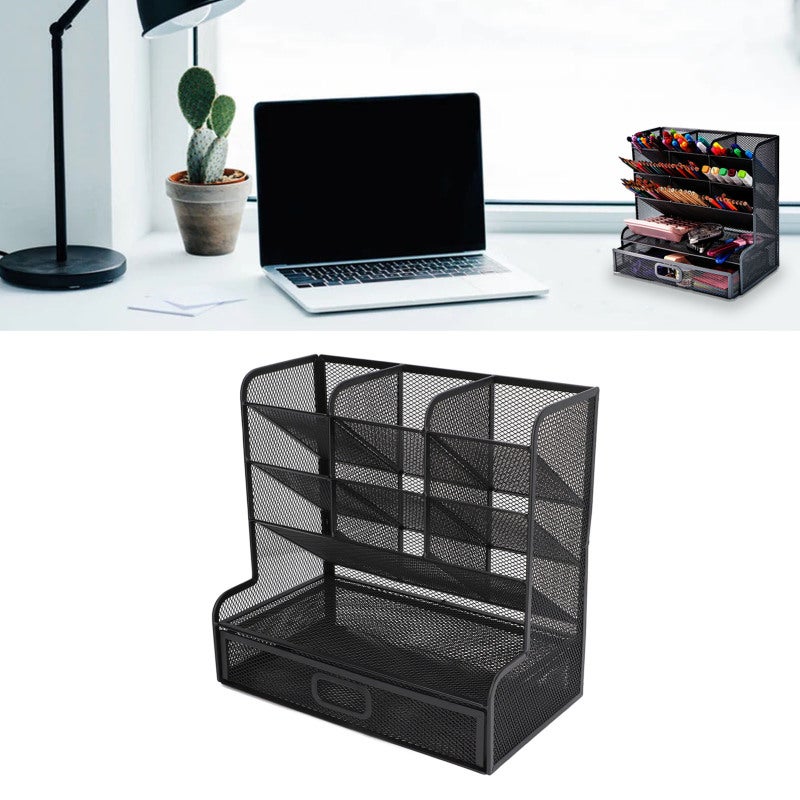 Mesh Pen Organizer: 45° Tilt Design 10 Compartments Metal Mesh - Vertical Structure Bottom Drawer Mesh Pencil Holder for Office Art School Desktop Organization - Image 1