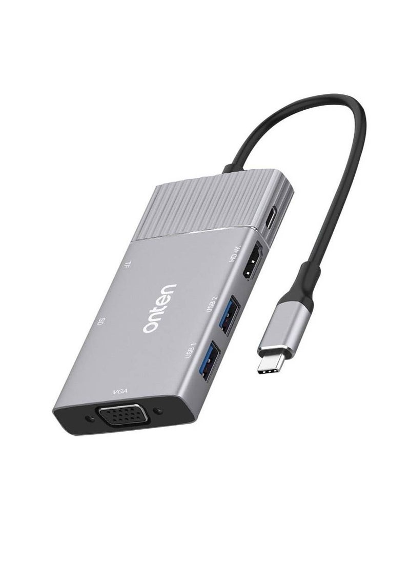 onten - Onten 95113 8 In 1 USB 3.0 x2 + SD / TF + HDMI / VGA + 3.5mm Jack + Type-C / USB-C (PD 3.0) Multi-function HUB Converter Dock Station - Image 1
