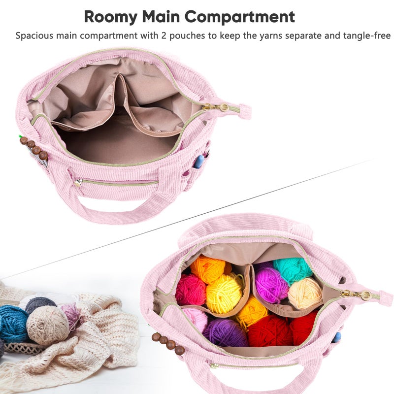 MYBAGZING Corduroy Crochet Bag 11.5" Large Yarn Storage Tote with Grommets, Needle Holders â€“ Knitting Bag Organizer for Crochet Hooks, Accessories, Tools & Projects â€“Gift for Knitters & Crafters - Image 3