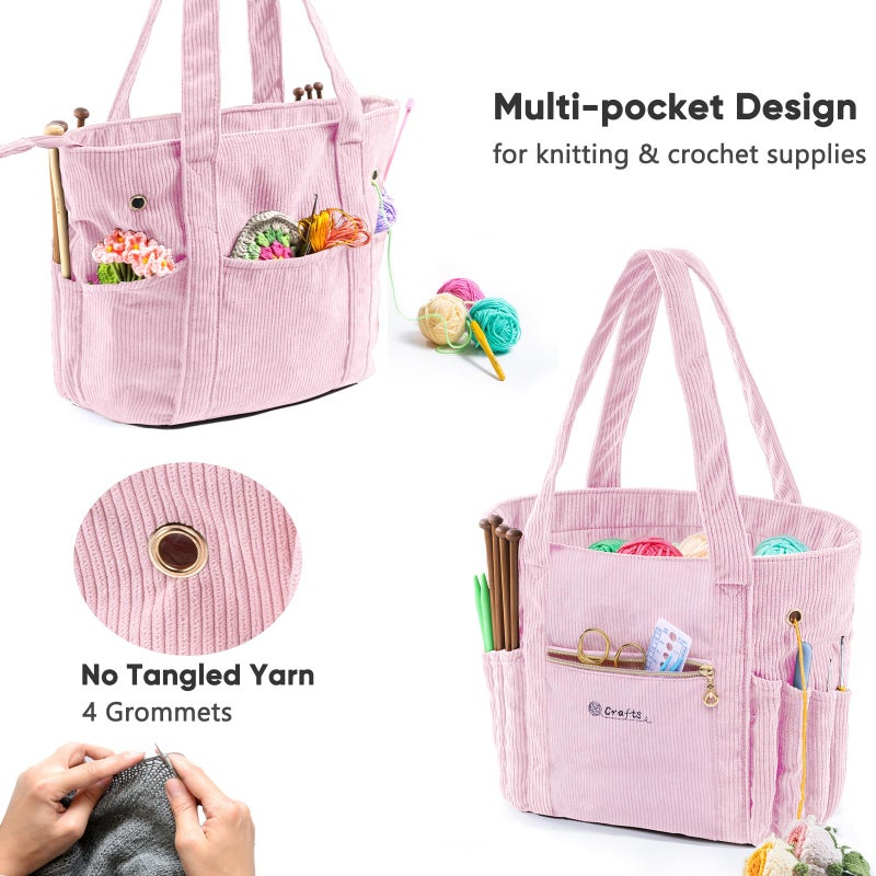 MYBAGZING Corduroy Crochet Bag 11.5" Large Yarn Storage Tote with Grommets, Needle Holders â€“ Knitting Bag Organizer for Crochet Hooks, Accessories, Tools & Projects â€“Gift for Knitters & Crafters - Image 4