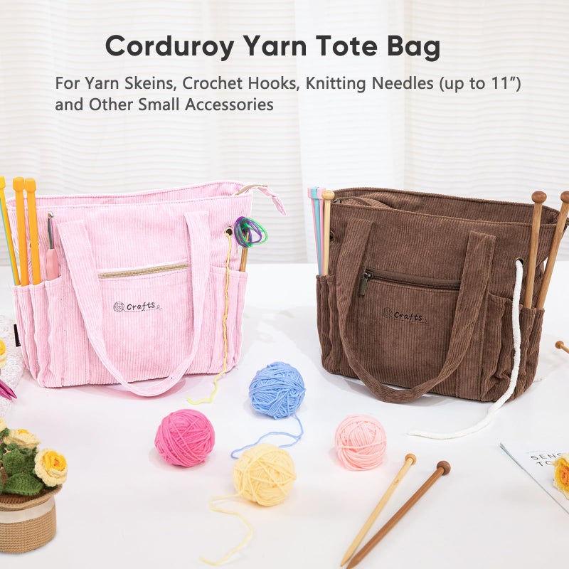 MYBAGZING Corduroy Crochet Bag 11.5" Large Yarn Storage Tote with Grommets, Needle Holders â€“ Knitting Bag Organizer for Crochet Hooks, Accessories, Tools & Projects â€“Gift for Knitters & Crafters - Image 2