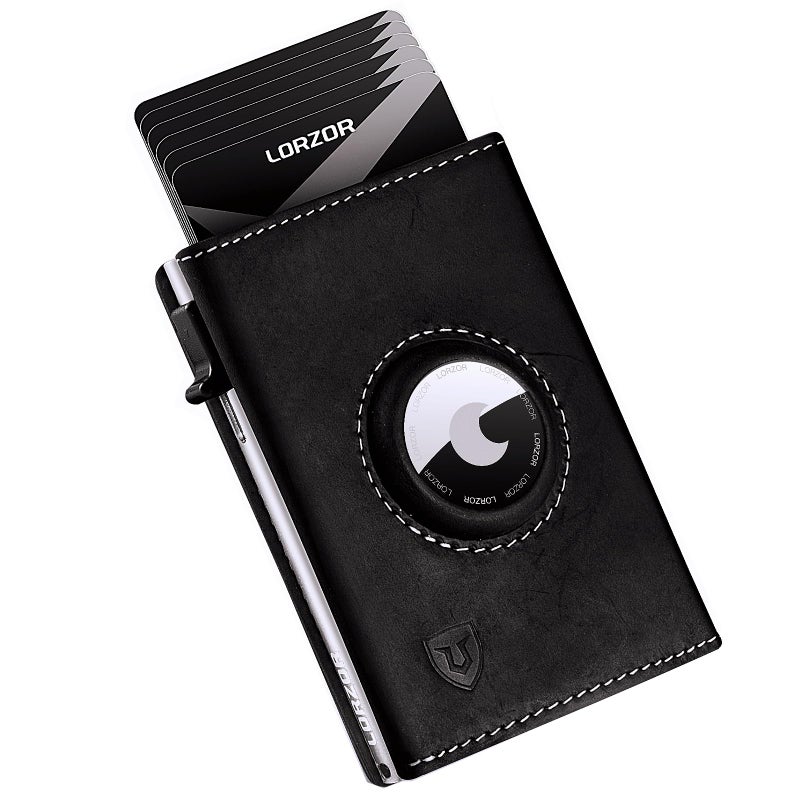 LORZOR AirTag Wallet - Full Grain Leather, Mens Minimalist Wallet with Apple Air Tag Holder, Slim Smart Pop up Card Case, ID Window, RFID Blocking, Front Pocket (AirTag Not Included) - Image 1