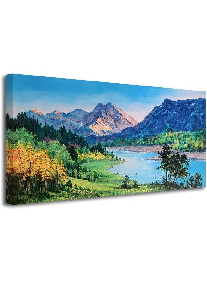 Home Trove Ardemy Nature Mountain Canvas Wall Art National Park Painting Lake Blue Ridge Landscape Picture, Panoramic Artwork Framed Large Size For Home Office Living Room Bedroom Bathroom Wall Decor, 48"X24" - Image 1