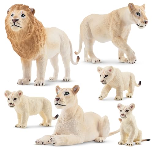 Toymany 6PCS White Lion Figurines with Lion Cubs 25 Wild Life Jungle Animals Figures Realistic Family Set Includes Baby Lions Educational Toy Cake Toppers Easter Birthday Present for Kids - Image 1