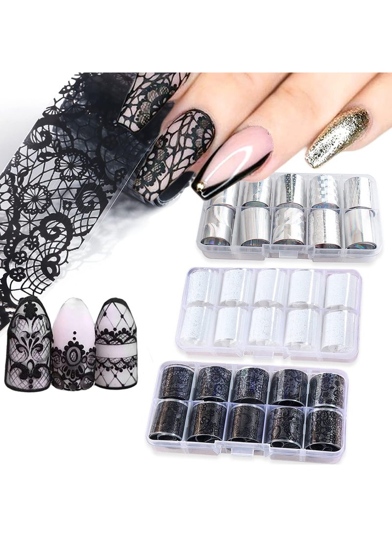 DANNEASY - Nail Foil Transfer, DANNEASY 30 Roll Black White Laser Lace Nail Foils Retro Nail Stickers Holographic Nail Art Foil Transfer Starry Sky Nail Design Stickers Nail Decals for Women Kids - Image 1
