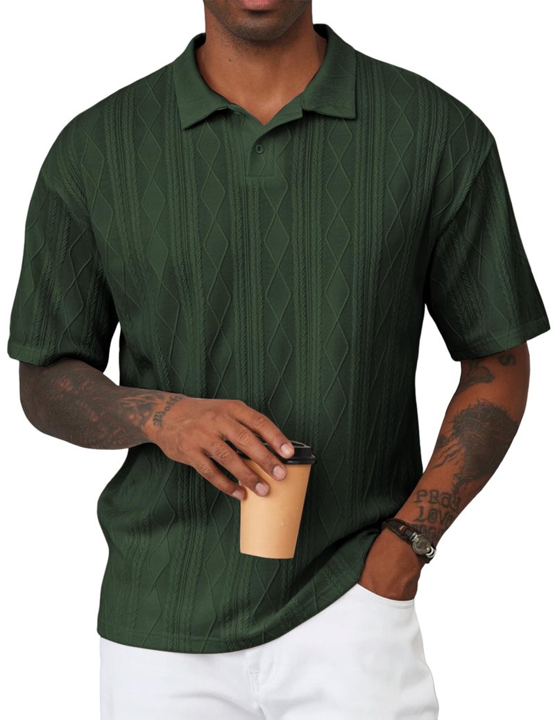 JMIERR Men's Polo Shirt Lightweight Short Sleeve Casual Beach Knitted Button Up Vacation Knit Textured Collared Shirts, M, Green - Image 1