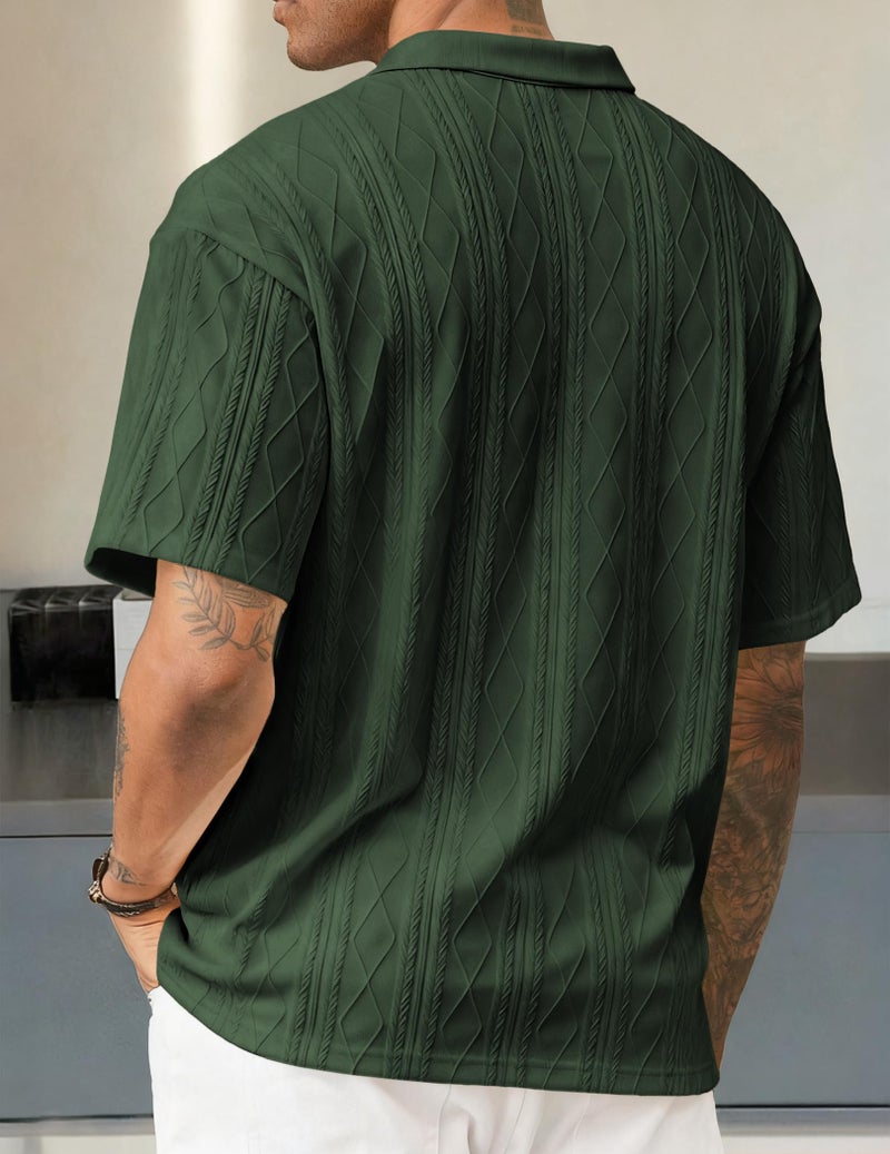 JMIERR Men's Polo Shirt Lightweight Short Sleeve Casual Beach Knitted Button Up Vacation Knit Textured Collared Shirts, M, Green - Image 2