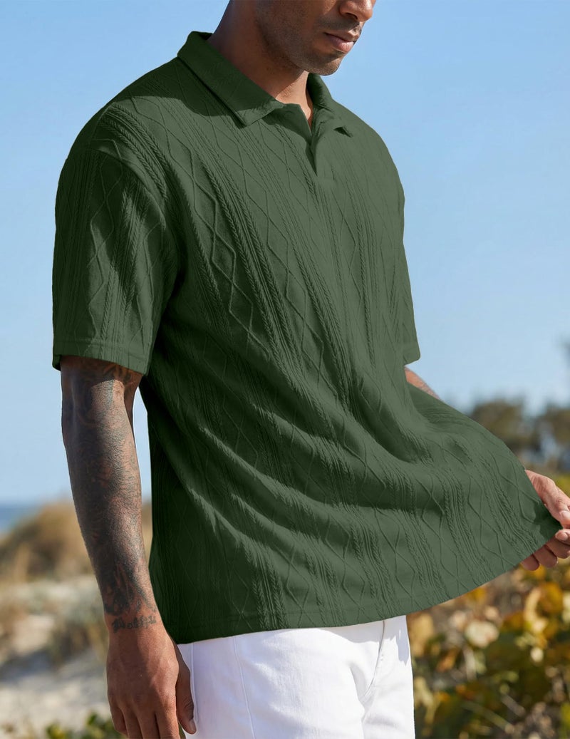 JMIERR Men's Polo Shirt Lightweight Short Sleeve Casual Beach Knitted Button Up Vacation Knit Textured Collared Shirts, M, Green - Image 3