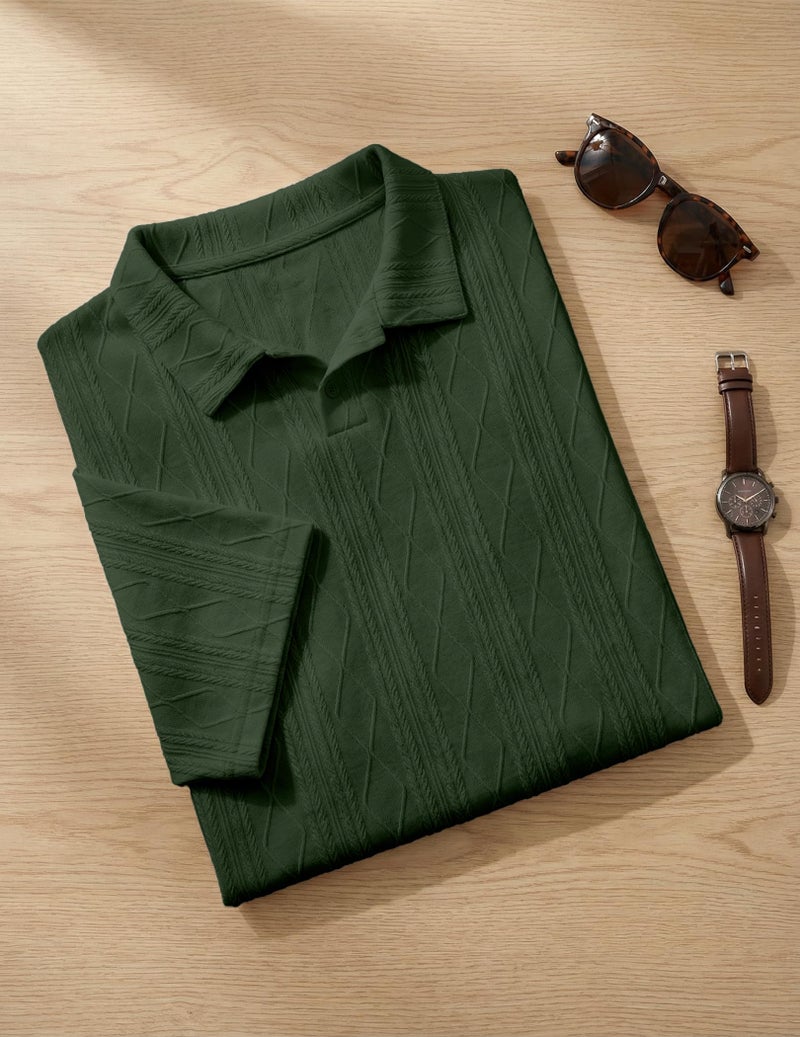 JMIERR Men's Polo Shirt Lightweight Short Sleeve Casual Beach Knitted Button Up Vacation Knit Textured Collared Shirts, M, Green - Image 5