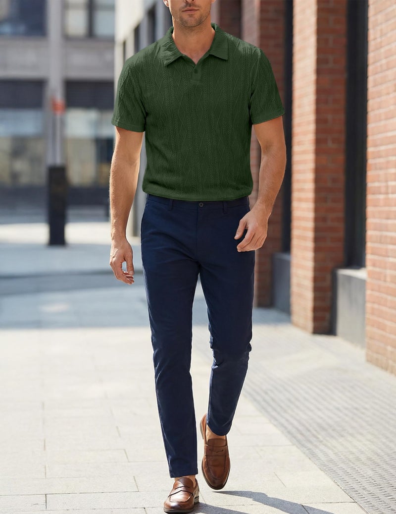 JMIERR Men's Polo Shirt Lightweight Short Sleeve Casual Beach Knitted Button Up Vacation Knit Textured Collared Shirts, M, Green - Image 4