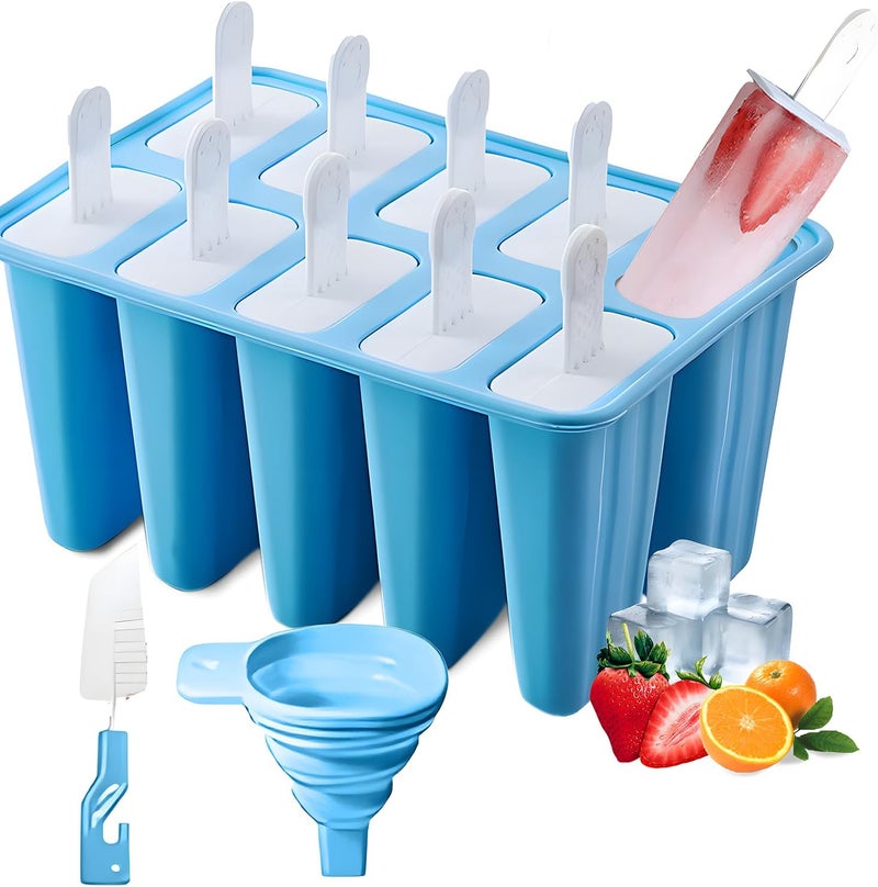BRENSTEN Silicone Popsicle Molds 10 Pcs Ice Pop Maker Molds with 10 Reusable Sticks, Cleaning Brush and Funnel - Homemade Easy-Release Reusable Popsicle Moulds Shapes (Blue) - Image 1