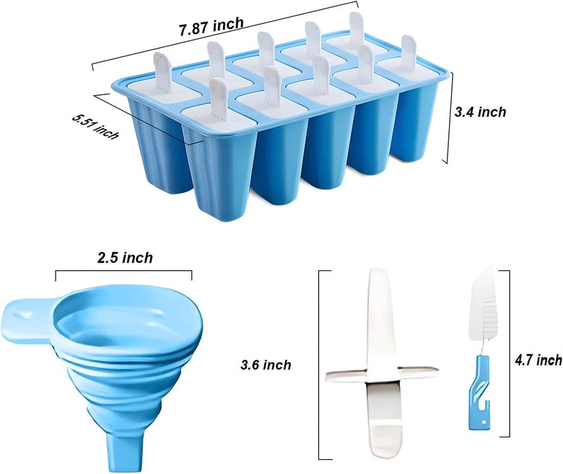 BRENSTEN Silicone Popsicle Molds 10 Pcs Ice Pop Maker Molds with 10 Reusable Sticks, Cleaning Brush and Funnel - Homemade Easy-Release Reusable Popsicle Moulds Shapes (Blue) - Image 4