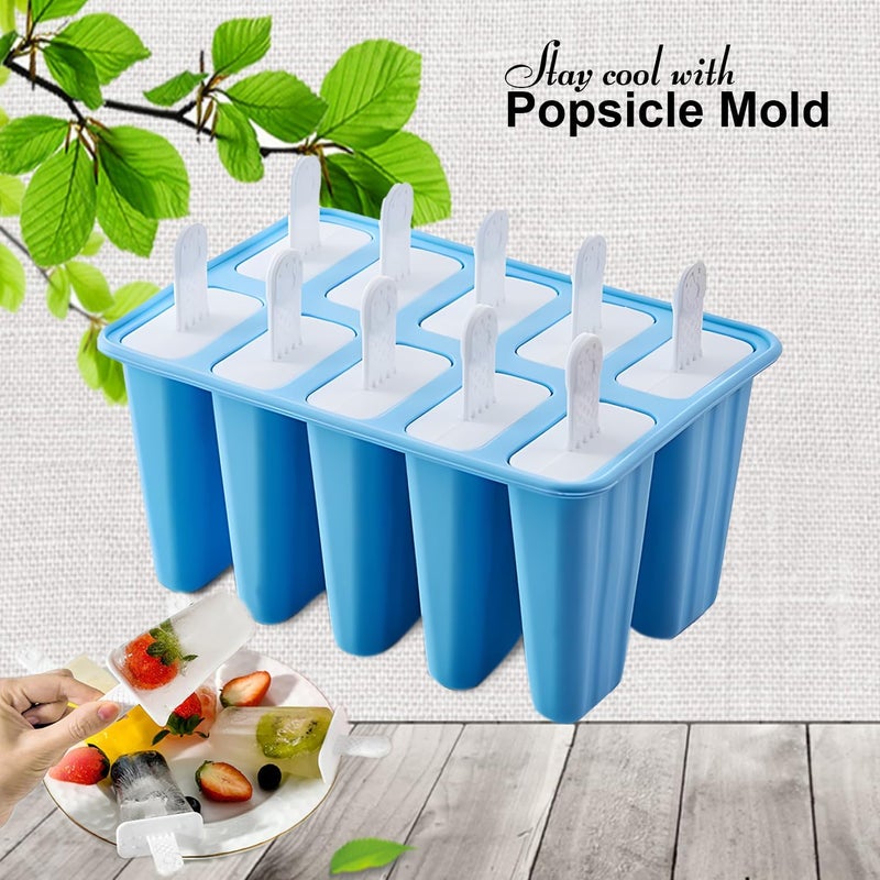 BRENSTEN Silicone Popsicle Molds 10 Pcs Ice Pop Maker Molds with 10 Reusable Sticks, Cleaning Brush and Funnel - Homemade Easy-Release Reusable Popsicle Moulds Shapes (Blue) - Image 2