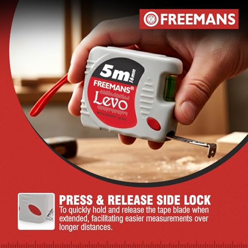 FREEMANS Levo Measuring Tape 5m x 16mm – Steel Blade with Built-in Spirit Level, Side Lock, ABS Shockproof Case, Belt Clip | Heavy Duty, Durable, Inch Tape Measure for DIY, Construction, Home Use - Image 2
