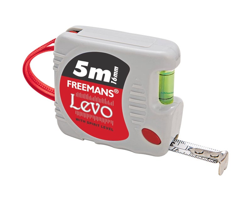 FREEMANS Levo Measuring Tape 5m x 16mm – Steel Blade with Built-in Spirit Level, Side Lock, ABS Shockproof Case, Belt Clip | Heavy Duty, Durable, Inch Tape Measure for DIY, Construction, Home Use - Image 1