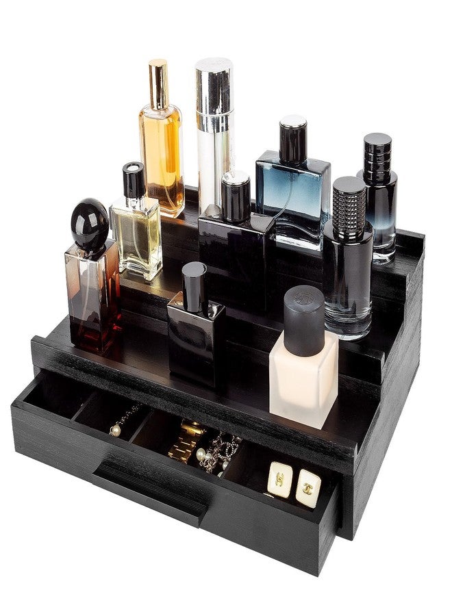 Cokritsm Wooden Cologne Organizer for Men Women, 3 Removable Tier Cologne Display Stand with Drawer Storage Organizer Tray for Bedroom, Display Stand Organiser Black - Image 1