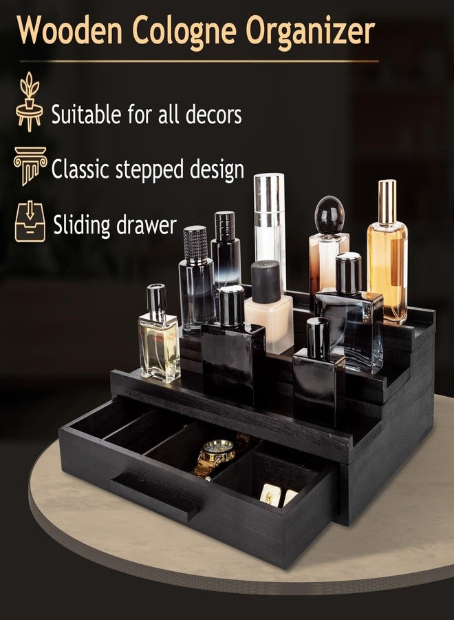 Cokritsm Wooden Cologne Organizer for Men Women, 3 Removable Tier Cologne Display Stand with Drawer Storage Organizer Tray for Bedroom, Display Stand Organiser Black - Image 2